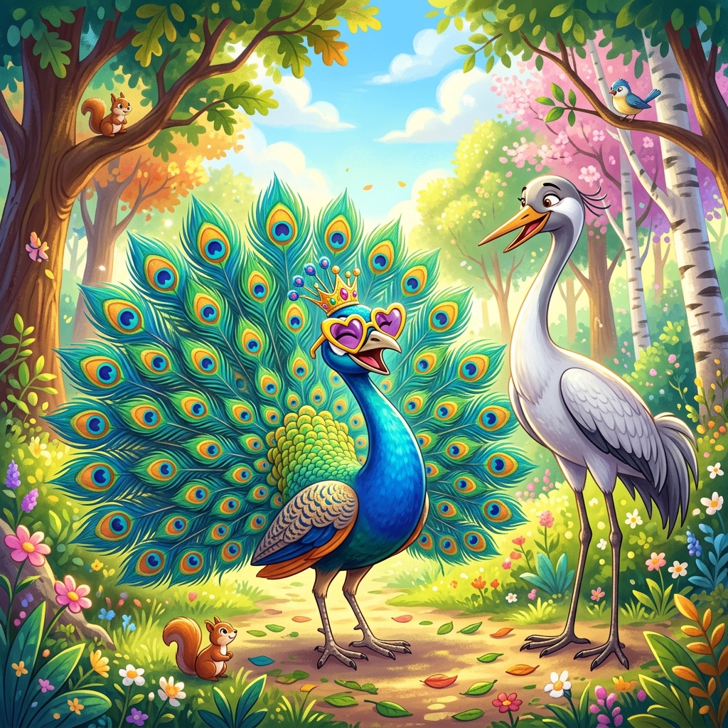 ઘમંડી મોર અને સારસ (The Proud Peacock and the Crane)