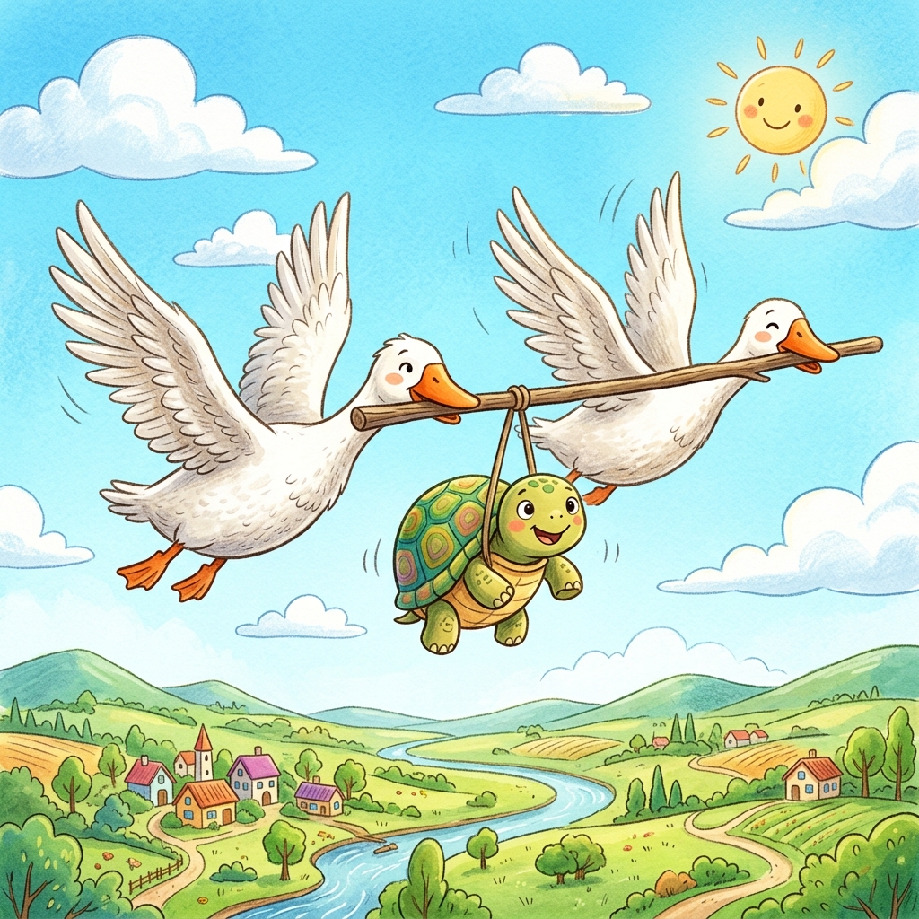 વાચાળ કાચબો અને બે હંસ (The Talkative Tortoise and two Geese)