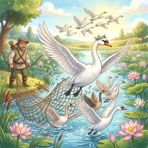 બુદ્ધિશાળી હંસ અને શિકારીની જાળ (The Wise Swan and the Hunter’s Net)