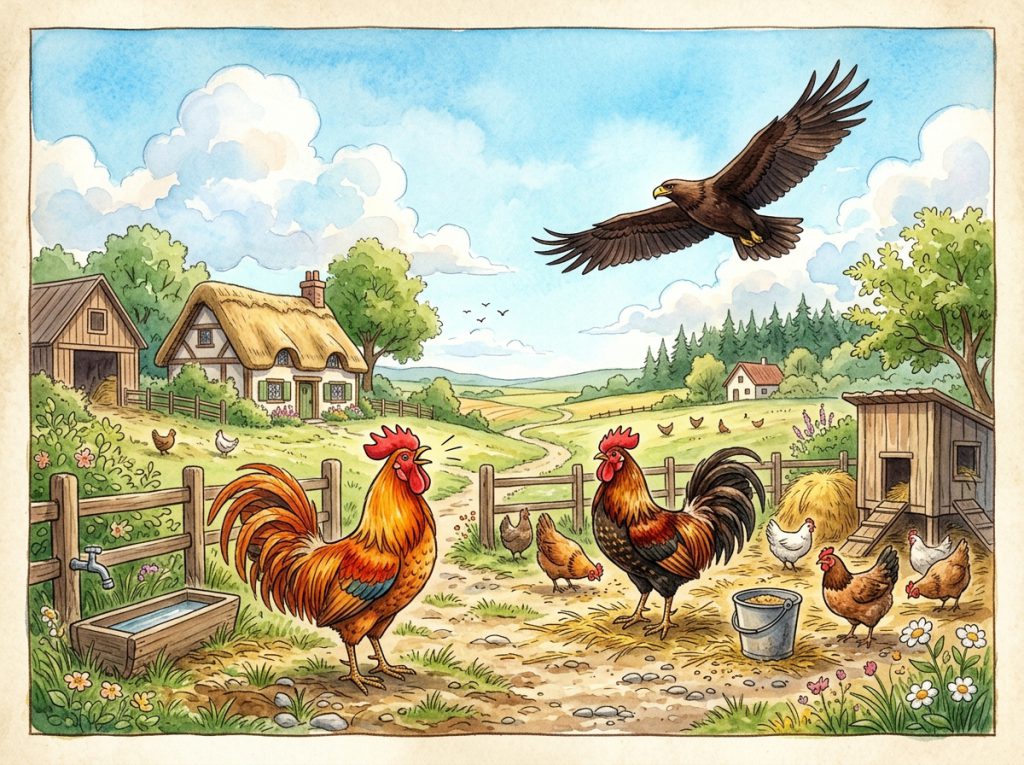 दो लड़ते मुर्गे और उड़ता चील (The Two Fighting Roosters and Hidden Eagle)