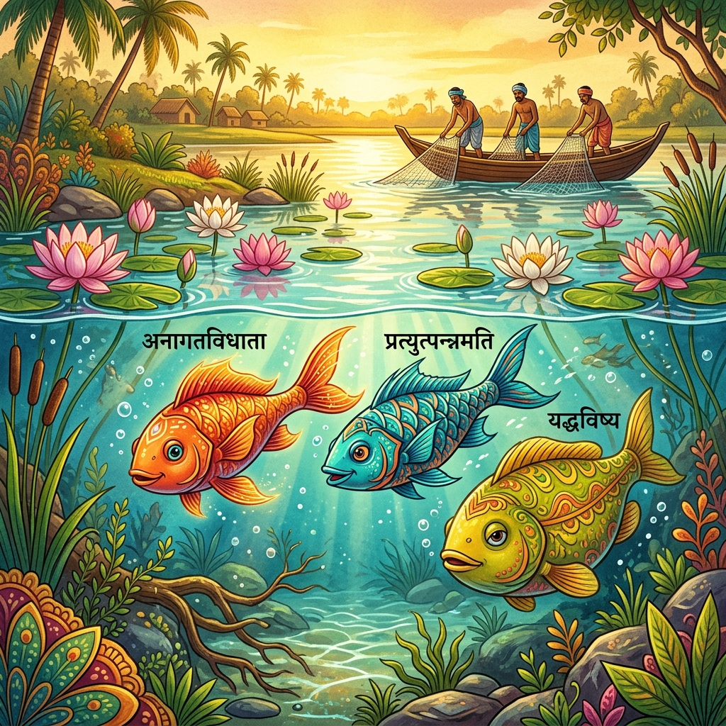 तीन मछलियां (अनागतविधाता, प्रत्युत्पन्नमति और यद्भविष्य): पंचतंत्र की अमर कथा, दूरदर्शिता और प्रत्युत्पन्नमति का दिव्य उपदेश