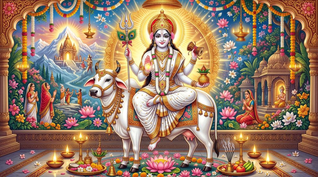 माँ महागौरी कथा: नवदुर्गा का अष्टम दिव्य स्वरूप, गंगाजल अभिषेक, भूखे सिंह पर कृपा और महाअष्टमी कन्या पूजन कथा